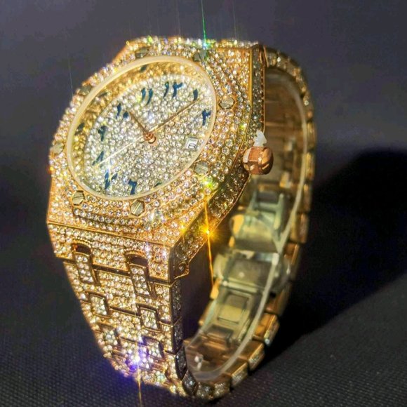MISSFOX Arabic Numerals Man Watches Rose Gold Quartz Full Diamond Luxury Relógio